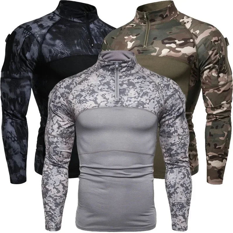 New Camouflage Men's T-Shirts Half Zipper Stand Neck Thick Fleece Shirts Outdoor Sports Athletic Tops Long Sleeve T shirts - Image 3