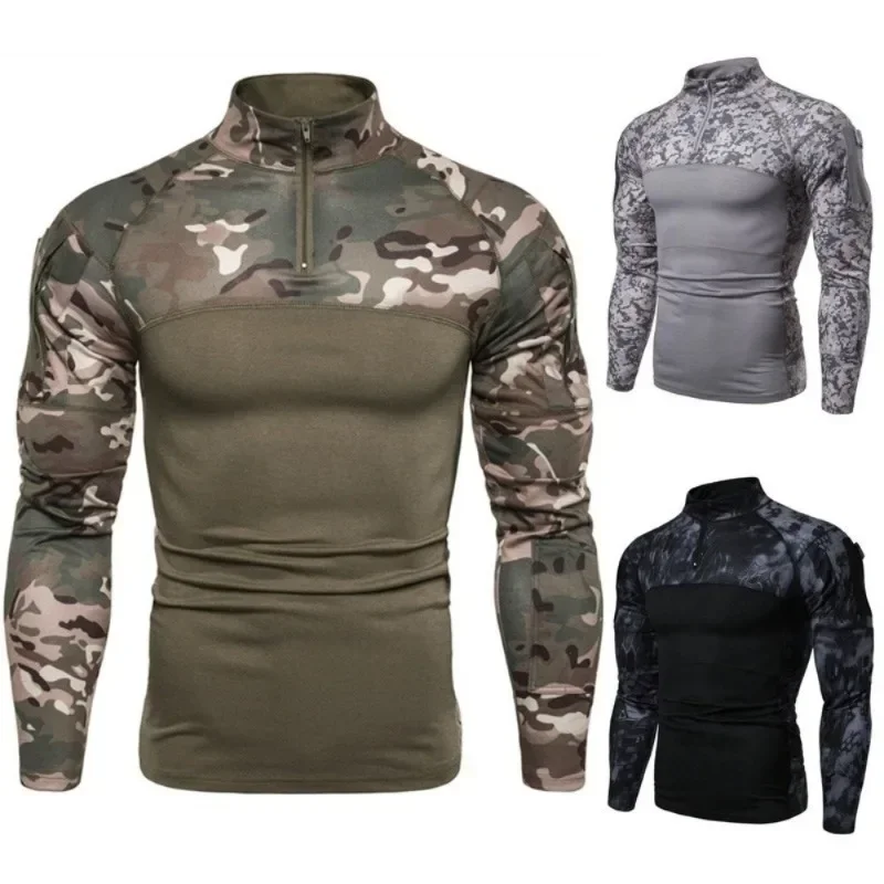New Camouflage Men's T-Shirts Half Zipper Stand Neck Thick Fleece Shirts Outdoor Sports Athletic Tops Long Sleeve T shirts - Image 4